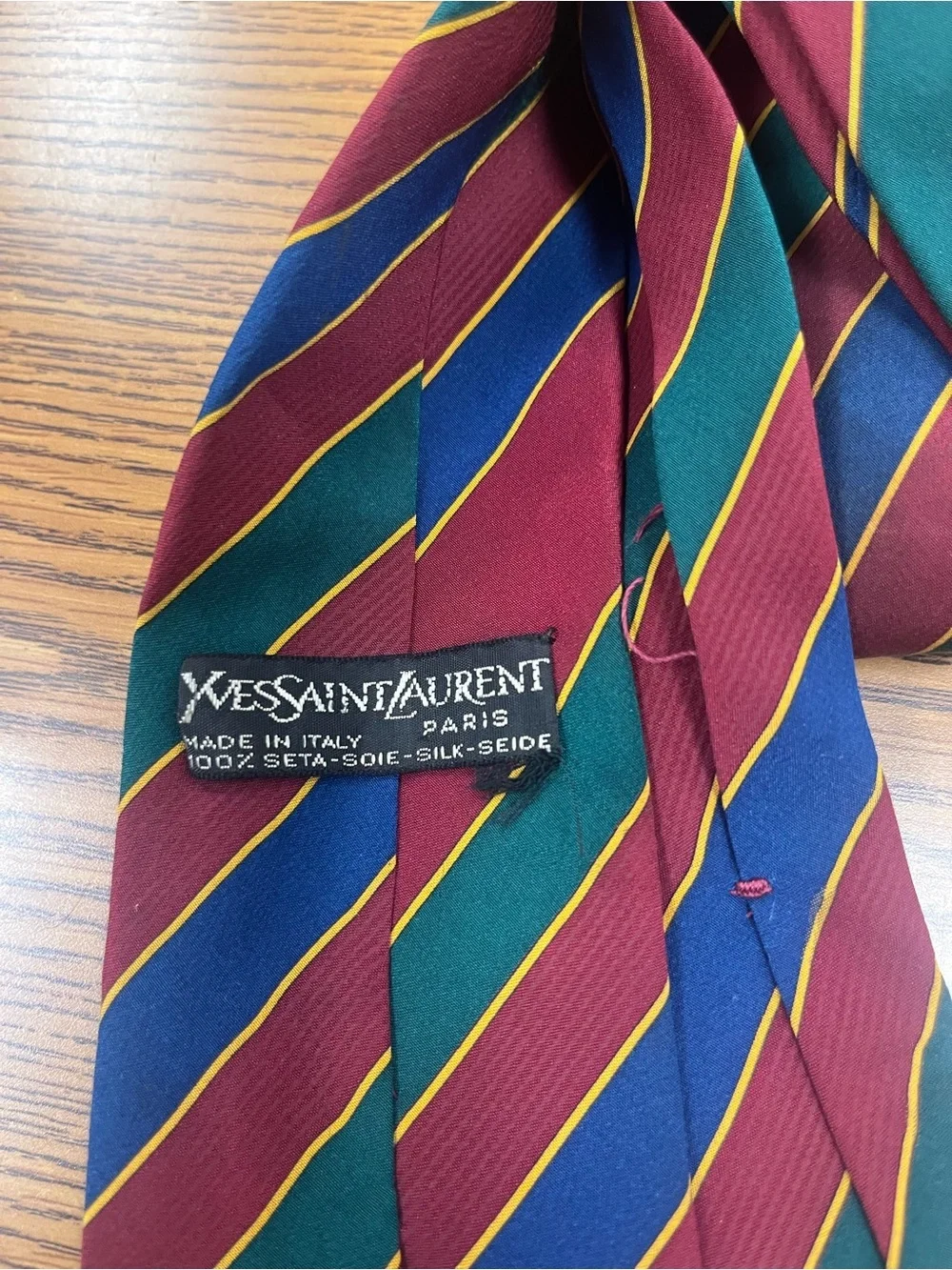 Yves Saint Laurent Burgundy, Navy & Green Diagonal Stripe Tie